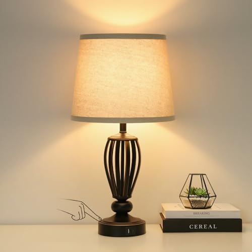 USB Bedside Lamp, 3-Way Dimmable Touch Table Lamp with USB C+A Charging Ports Industrial Table Lamp Black Metal Base Farmhouse Reading Lamp for Bedroom, Living Room, Office or Study LED Bulb Included