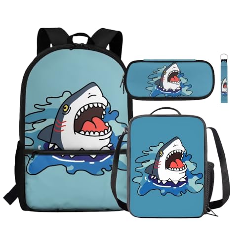Zaini per bambini da 17 pollici per scuola elementare con borsa per il pranzo+astuccio+portachiavi zaino da viaggio casual Squalo cartone animato
