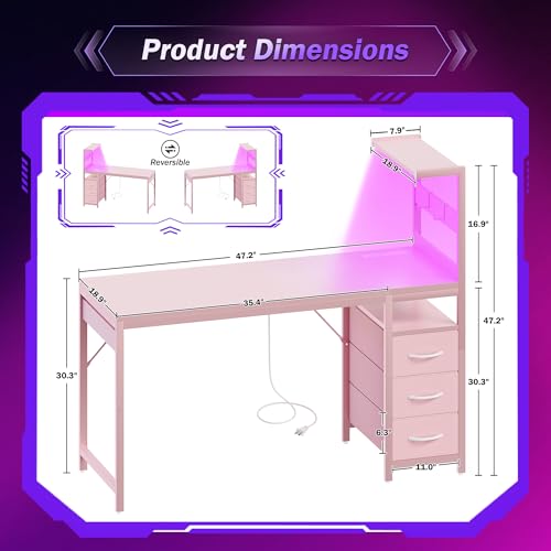 Image of YOUDENOVA 48 Inch Gaming Computer Desk with Led Lights, Small Desk with Storage Shelves and Drawers, Reversible Compact Gamer Table for Home Office, Carbon Fiber Pink