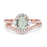 OMRANII Rose Tone Natural Green Amethyst Prasiolite Size-6 Two Piece Art Deco Oval Vintage Style Curved Band Halo CZ Wedding Set Bridal Engagement Ring 925 Sterling Silver Gifts For Her