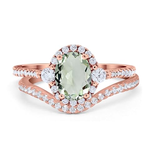 OMRANII Two Piece Art Deco Oval Natural Green Amethyst Prasiolite Vintage Style Curved Band Halo CZ Wedding Set Bridal Engagement Ring 925 Sterling Silver Gifts For Her