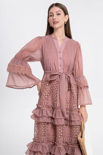 LAI MENG FIVE CATS Women's Bell Sleeves V-Neck Buttons Ruffle Layered Hem Hollow Princess Dress with Belt3