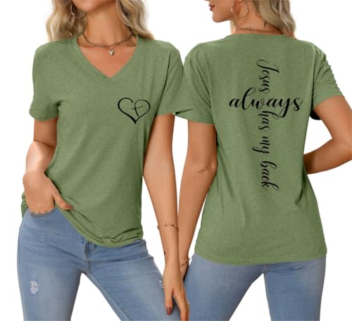 Image of Jesus Christian Shirts Womens Jesus Always Has My Back Tshirt Religious Faith T-Shirt V Neck Inspirational Funny Top