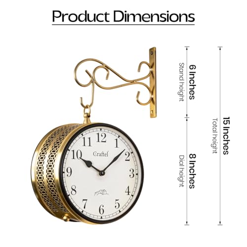 Image of CRAFTEL Double Sided Station Wall Clock Electroplated | Both Side Numerals | Aluminum Matte-Finish Dial Brass Body | Dial - 8 Inches, Shiny Gold | 365 Days Warranty