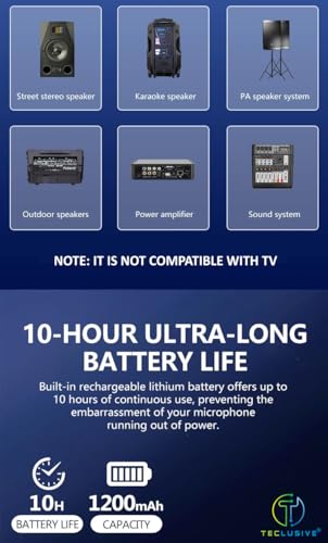 Image of T TECLUSIVE Wireless Microphone Professional for Speaker 6.35mm Amplifier Outdoor Karaoke Singing | Noise Cancellation | Dual Rechargeable Type-C 10Hours Battery Mic with Transmitter