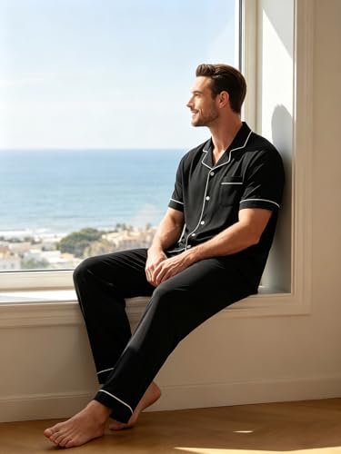 Image of Men's Short Sleeve Pajama Set, Soft Cotton Button Down Sleepwear Top & Long Pants, Loungewear PJs with Pockets S-XXXL