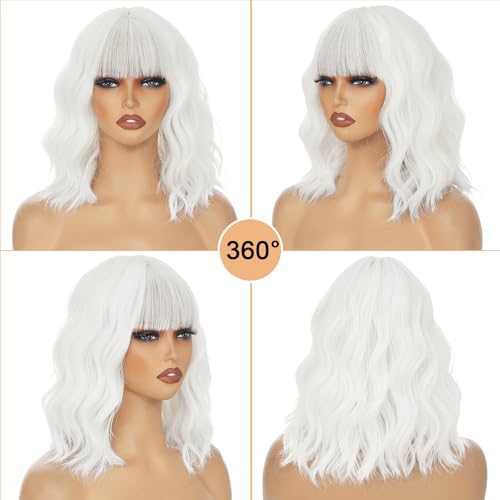 Image of AGO White Wavy Wig with Bangs,Short Curly Bob Wig Shoulder Length 14Inch Synthetic Hair for Women Girl Heat Resistant Synthetic Colorful Wigs for Daily Party Halloween Cosplay Use(60#White)