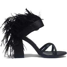 صندل FURINFASHION GO-01 الصيفي المثير ذو الكعب العالي بأزرار من الريش مع فرو النعام الحقيقي وحذاء بكعب سميك للنساء من الحرير الساتان اللامع للحفلات المسرحية