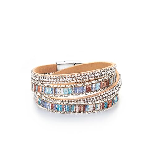 Image of Fesciory Leather Wrap Bracelets for Women, Boho Leopard Multi-Layer Crystal Beads Cuff Bracelet Jewelry
