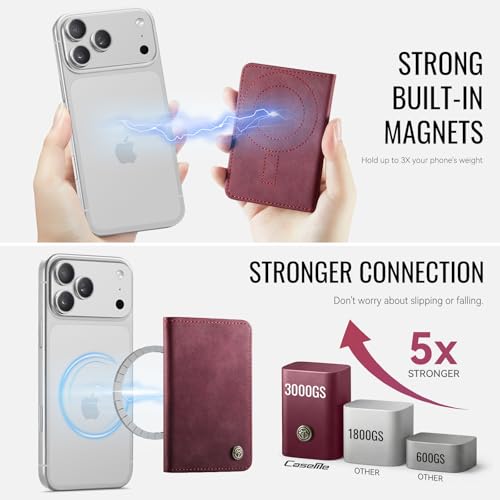Image of Magnetic Wallet Card Holder with RFID Protection, PU Leather Slim Wallet, Strong Magnet Attachment for iPhone 18 /17 /16 /15 /14 /13 /12 Series Pro Max Plus Mini-Wine