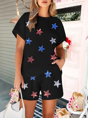 Image of VILOVE 4th of July 2 Piece Sequin Outfits Women 250 Anniversary Usa Shirts and Short Sets Casual Patriotic Shirt Summer Set