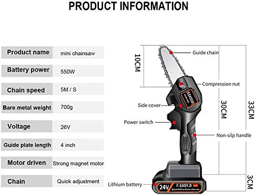 MKING Mini Chainsaw, 4 Inch Cordless Electric Portable Battery Chain Saw with 2Pcs Batteries & Chain Brushless Motor, 24V Electric Hand Chainsaw 0.7kg Lightweight, Electric saws for Cutting Wood - Thumbnail 2