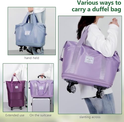 Image of Wheel Bags for Travel Luggage Carry on Duffel Bag, Expandable Foldable Luggage Bag, Dry and Wet Separation Rolling Bag, Travel Totes for Women & Men (1Pcs)(Green)-JE