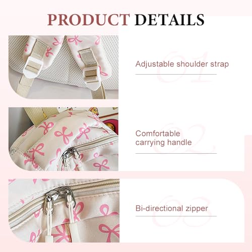 Bow Backpack for Women, 2025 New Bow Backpack Bags Set, Cute Kawaii Backpack Set, Coquette Nylon Backpack With Bow Pattern (Pink)4