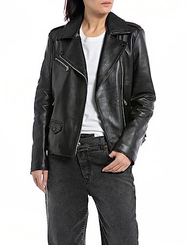 Replay Damen Lederjacke aus Echtleder, Black 010 (Schwarz), XS
