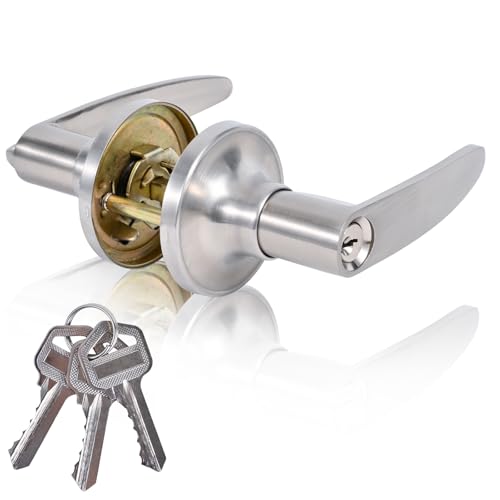 Brigligh High-Security Stainless Steel Door Handle with Lock and Key Silver