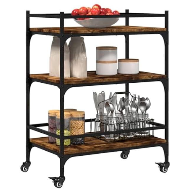 Kitchen Trolley Smoked Oak Engineered Wood with Steel Frame, Moveable with Lockable Wheels, Ample Storage and Versatile Design-T6KcfTJO
