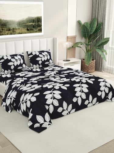 Rivermoor 200 TC Ultrasoft Bedsheet for Double Bed | Queen Size Bed Sheet with 2 Pillow Covers | Leaves Print | 88 x 96 Inches | Breathable & Hypoallergenic