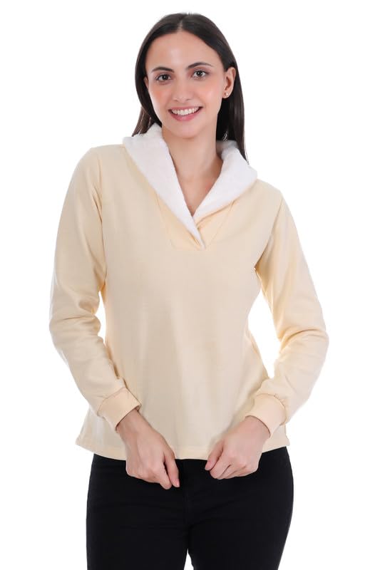 FIZA Women’s Plain Cotton Fleece Full Sleeve V-Neck Sweatshirt with Fur on Neck | Winter Wear | Warm & Comfortable Casual Top