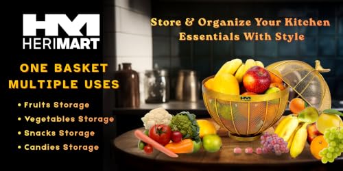 Image of Golden Premium Fruit Basket for Dining Table, Gold Fruit Basket with Lid & Bird Top, Decorative Fruit Basket for Kitchen Countertop, Fruits, Vegetables & Snacks