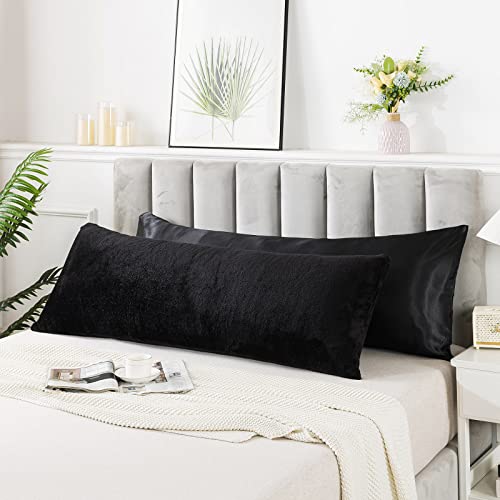 Whatsbedding Sherpa Black Body Pillow With Removable Washable Cover,Soft Fuzzy Body Pillows For Adults Side Sleeper,Super Breathable Body Pillowcase With Zipper- 20 X 54 Inches #TOP1