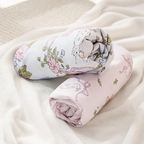 Image of PHF Soft Bassinet Sheet Set, 2 Pack Silky Comfy Breathable Cradle Sheets for Baby Girls, Univeral Fit for Most Oval Rectangle Cradle and Bassinet Mattress /Pad, Rabbit & Floral