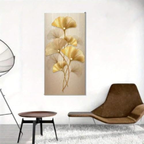 Art mural feuilles de ginkgo dorées, grande peinture sur toile pour un salon apaisant