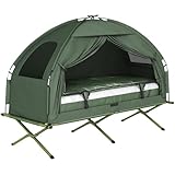 Outsunny SoBuy Feldbett mit Zelt Wurfzelt mit Luftpumpe, Matratze, Tragetasche, Schlafsack, Wasserdichtes Campingbett Extra Breit Outdoor Campingliege Dunkelgrün 193x86x160 cm bis 114 kg