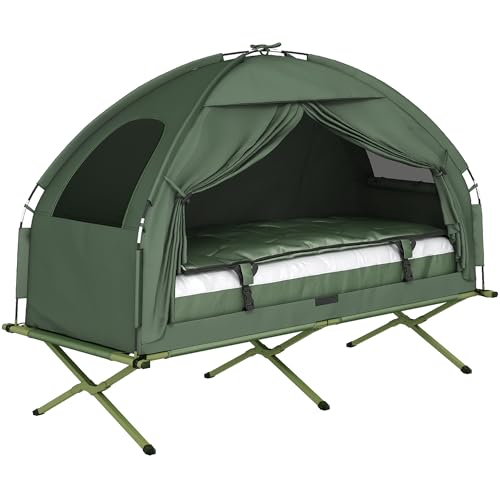 Outsunny SoBuy Feldbett mit Zelt Wurfzelt mit Luftpumpe, Matratze, Tragetasche, Schlafsack, Wasserdichtes Campingbett Extra Breit Outdoor Campingliege Dunkelgrün 193x86x160 cm bis 114 kg