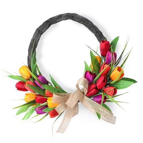 Focket Corona Artificial de Primavera y Verano, Corona de Flores Artificiales de 40 cm, decoración para Puerta Principal con Revestimiento Impermeable para Interiores (Anillo de plástico Naranja
