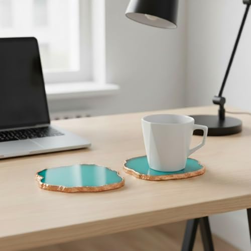 Image of Natural Agate Stone Tea Coasters Set | Premium Stone Coasters for Tea, Coffee & Glass | Heat Resistant Coasters for Dining Table, Office Desk & Home Decor | Pack of 2 | Color -Turquoise