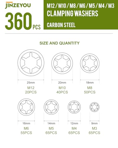 360 Stück Sicherungsringe Set, Sicherungsscheiben Innenzahn Sprengring Set, Klemmscheiben, Klemmring Sicherungsring Kit, Beilagscheiben, M3 M4 M5 M6 M8 M10 M12 Unterlegscheiben Sortiment, Schwarz