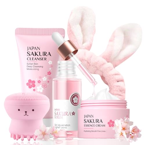 Skincare Set Sakura Teen Girls Gifts - Skin Care Set - Skincare for Teens 10-12 Hydrating - Travel Size Facial Kit for Women with Cleanser,Serum,Cream,Bunny Headband,Cleansing Brush?5pcs?