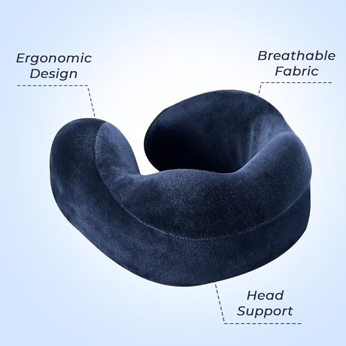 Image of Rover Travel Neck Pillow - Soft Fiber Filled with Snap Button, Plush Fabric, Neck Support for Flight, Bus, Car, Pain Relief (Navy Blue)