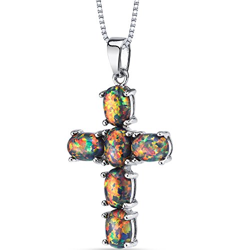 Created Black Opal Cross Pendant Necklace Sterling Silver 3.00 Carats