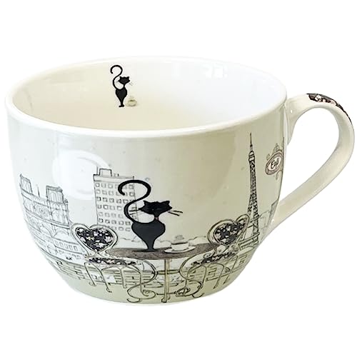 KIUB Bol chat avec une anse - Motif chat au restaurant avec aussi la Tout Eiffel de Paris - matière porcelaine fine - contenance 500ML