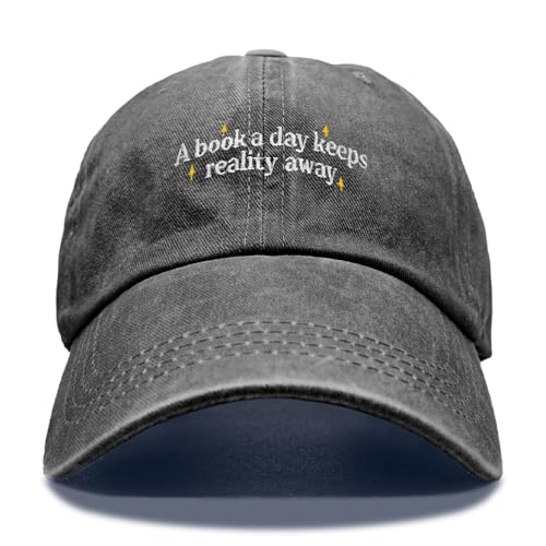 GEYGIE A Book A Day Keeps Reality Away Embroidery Baseball Hats Adjustable Washed Black Distressed Ball Cap Funny Bookworm Cap Gifts for Booklover Bookish Hat for Librarian Reading Enthusiast