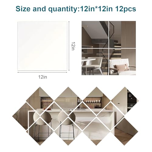 Image of Shatterproof Acrylic Mirror Tiles, 12 Pack 12 x 12 Inch Self Adhesive Full Body Wall Mirror for Bedroom, Home, Gym, Bathroom and Living Room, Unbreakable