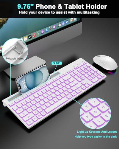Image of Wireless Keyboard and Mouse Combo, 7 Backlit Effects, Light Up Letters, Rechargeable, Phone Holder, 6 Button Mouse, Ergonomic Tilt Angle, 2.4GHz Silent USB Keyboard Mouse for Laptop, PC