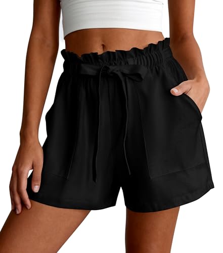PRETTYGARDEN Summer Shorts for Women Casual Ruffle Drawstring High Waist Wide Leg Comfy Lounge Shorts Beach Vacation Cruise Outfits(Black,M)