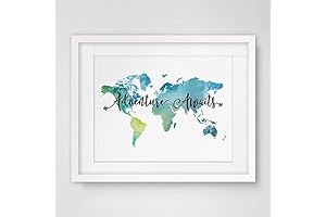 Adventure Awaits Teal Blue Watercolor Map Art