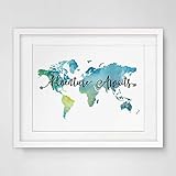 Adventure Awaits Teal World Map Painting Watercolor Art Print Travel Quote Wall Decor Wall Hanging...