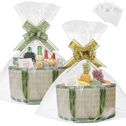 Empty Hamper Basket 2Pcs Gift Baskets Empty Woven Bamboo Gift Basket with 4 Bags,2 Pull Bows and Shredded Paper Hamper Baskets for Christmas,Birthday,Wedding,Housewarming（30x20x16cm (Primary colors)