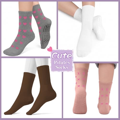 Image of Pilates Socks for Women, Non Slip Grip Socks for Yoga, Barre, Hospital, Grippy Socks Womens Gifts, 4 Pairs