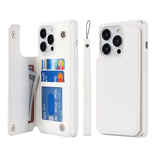 Image of Cavor for iPhone 14 Pro Case with Card Holder,for iPhone 14 Pro Wallet Case for Women Men,Stand and Strap,Leather Shockproof Protective Phone Case-White