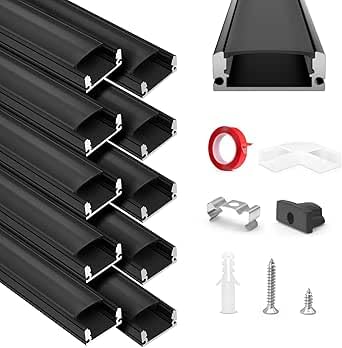 HOMMAND Profilé Aluminium LED 10 x 1m Forme en U - Diffuseur Avec Connecteur d'Angle, Adhésif, Embouts et Clips de Montage - Pour Ruban LED