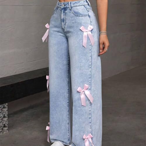 Girls Bow Jeans High Waisted Wide Leg Baggy Denim Pants – Cute Y2K Streetwear Trousers with Pockets for 6-16Y4