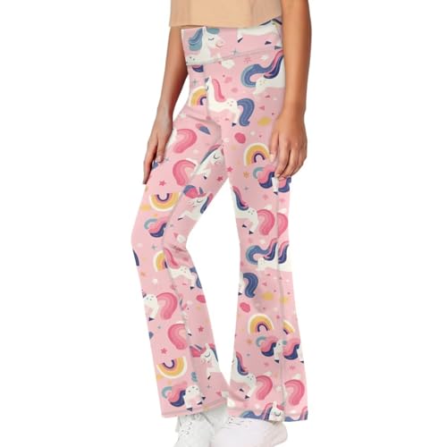 Qeluxign Unicorn Rainbow Girls Flare Leggings High Waist, Bootcut Yoga Pants for Kids Age 5-14, Soft Stretchy Dance Workout Pants for Girls, All-Day Comfort & Style