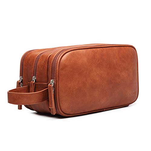 Preisvergleich Produktbild Kulturbeutel Leder für Herren, Kulturtasche zum Aufhängen Mann Kosmetiktasche Groß Waschtasche Reise Waschbeutel mit vielen Fächern für Toilette (Brown)
