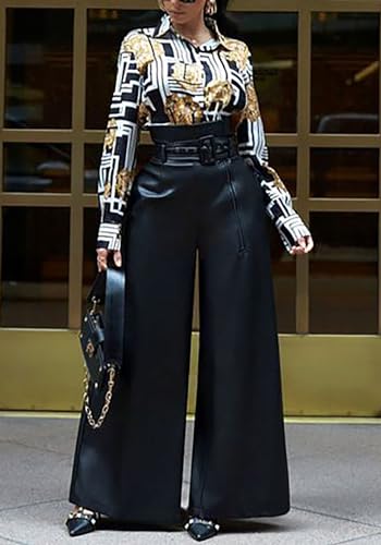 Tcremisa Leather Pants for Women High Waisted Faux Leather Straight Wide Leg Pant PU Trousers with Belt2